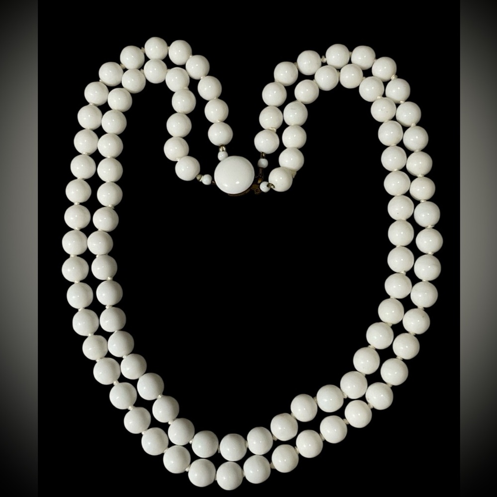 Vintage White Glass Bead Necklace Double Strands West Germany 1960's Handknotted